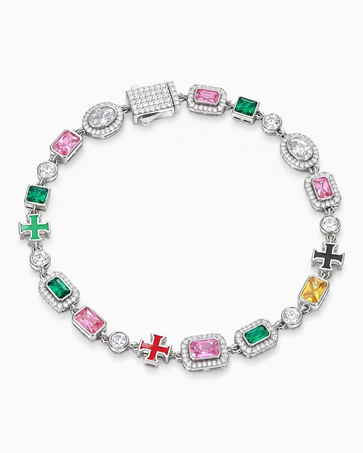 MOISSANITE CROSS & GEMSTONES BRACELET.