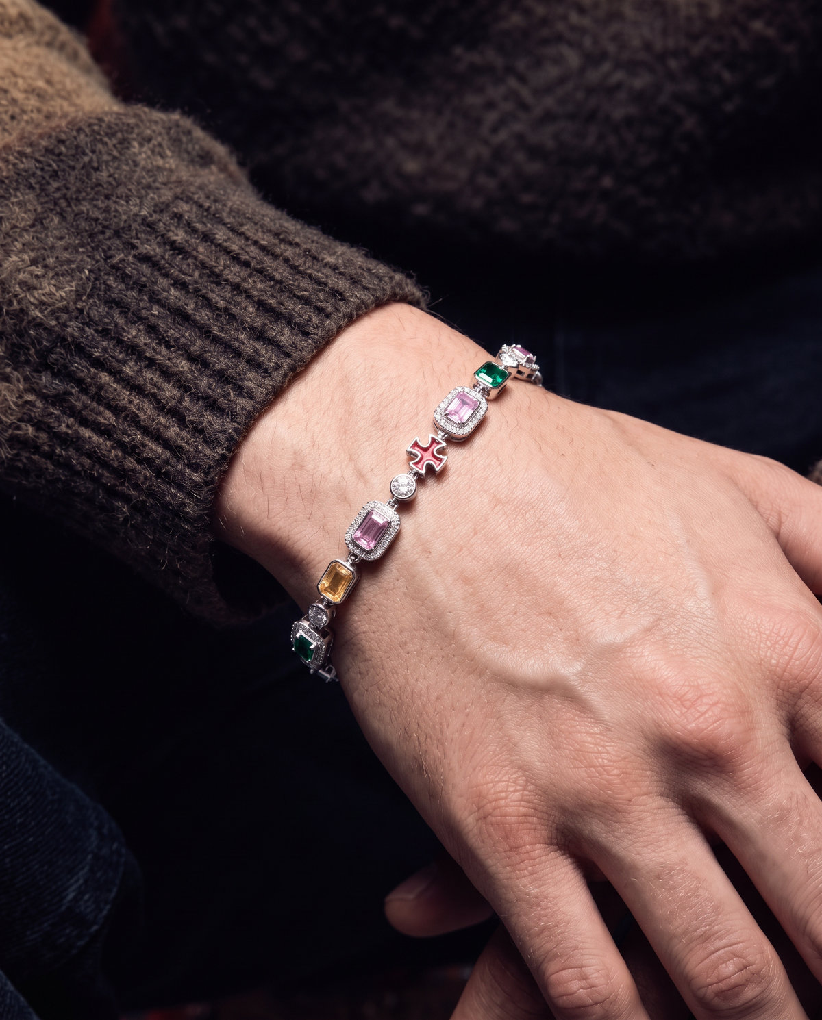 MOISSANITE CROSS & GEMSTONES BRACELET.