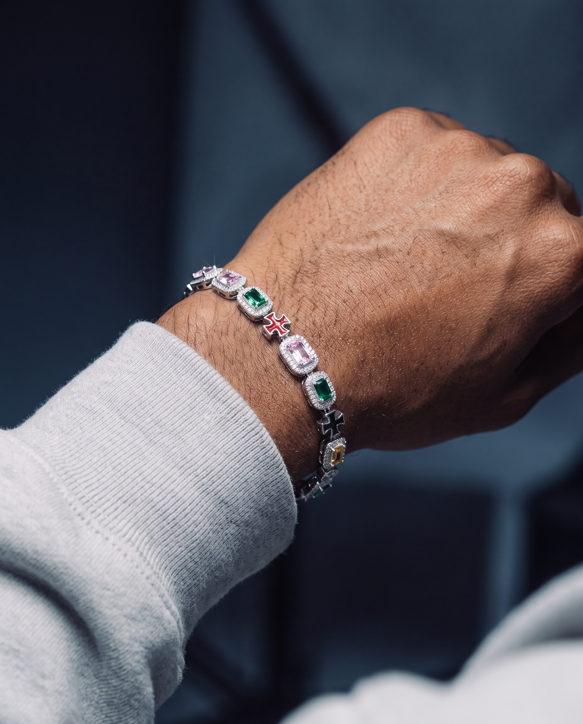 MOISSANITE CROSS & GEMSTONES BRACELET.
