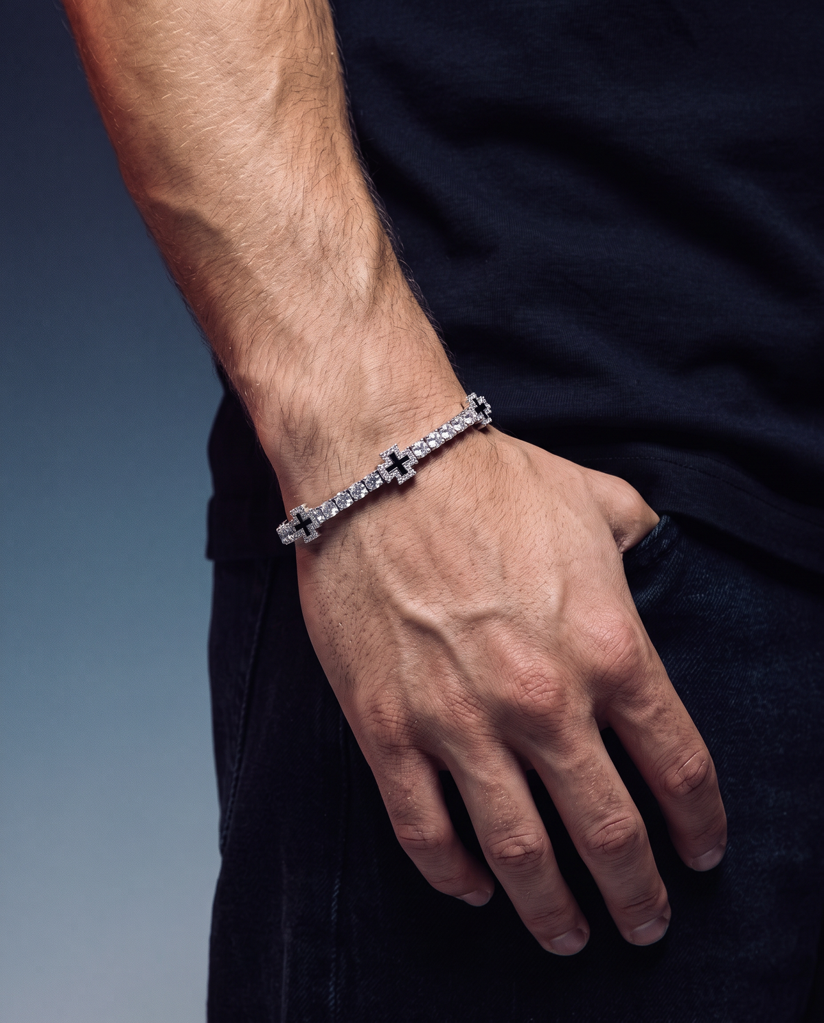MOISSANITE CROSS TENNIS BRACELET.