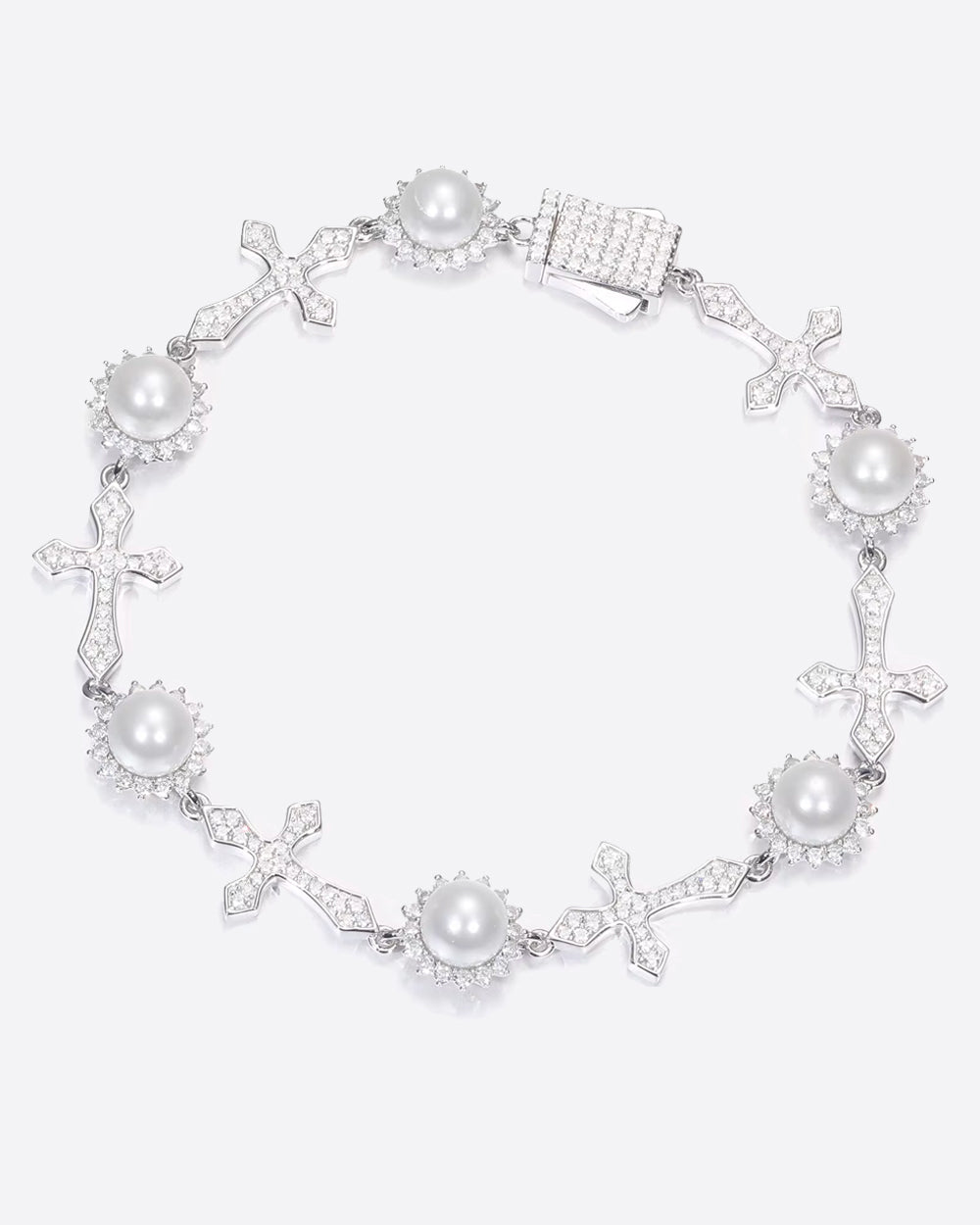 MOISSANITE ICY CROSSES & PEARLS BRACELET. - WHITE GOLD - Drippy Amsterdam