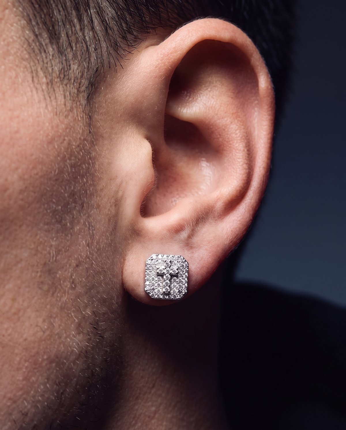 MOISSANITE SQUARE CROSS STUDS.